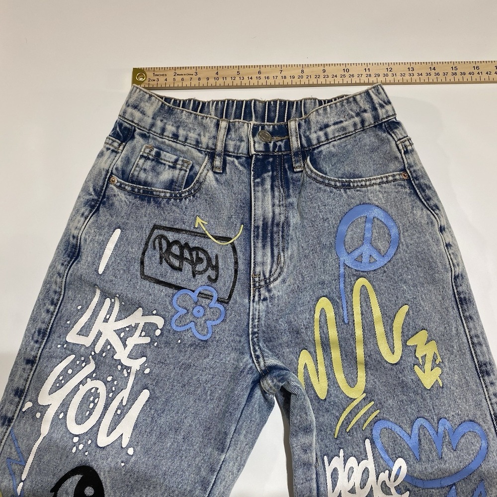 SHEIN Women's Blue Denim Graphic Graffiti Straight High Rise Jeans XS 5-Pocket